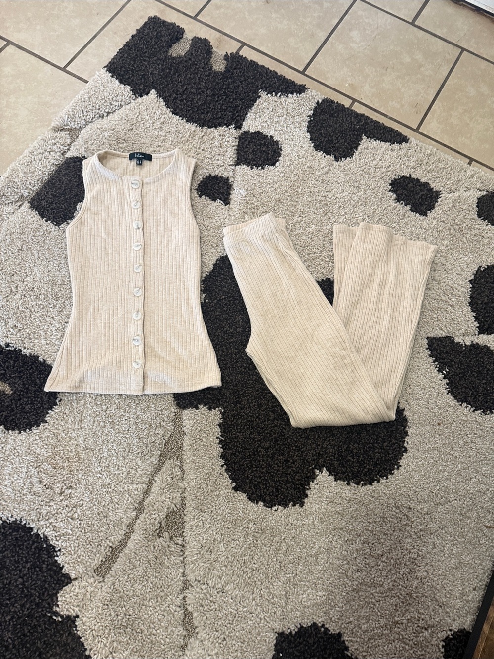 Lulu's Beige Ribbed Button-Front Tank & Knit Pants Set